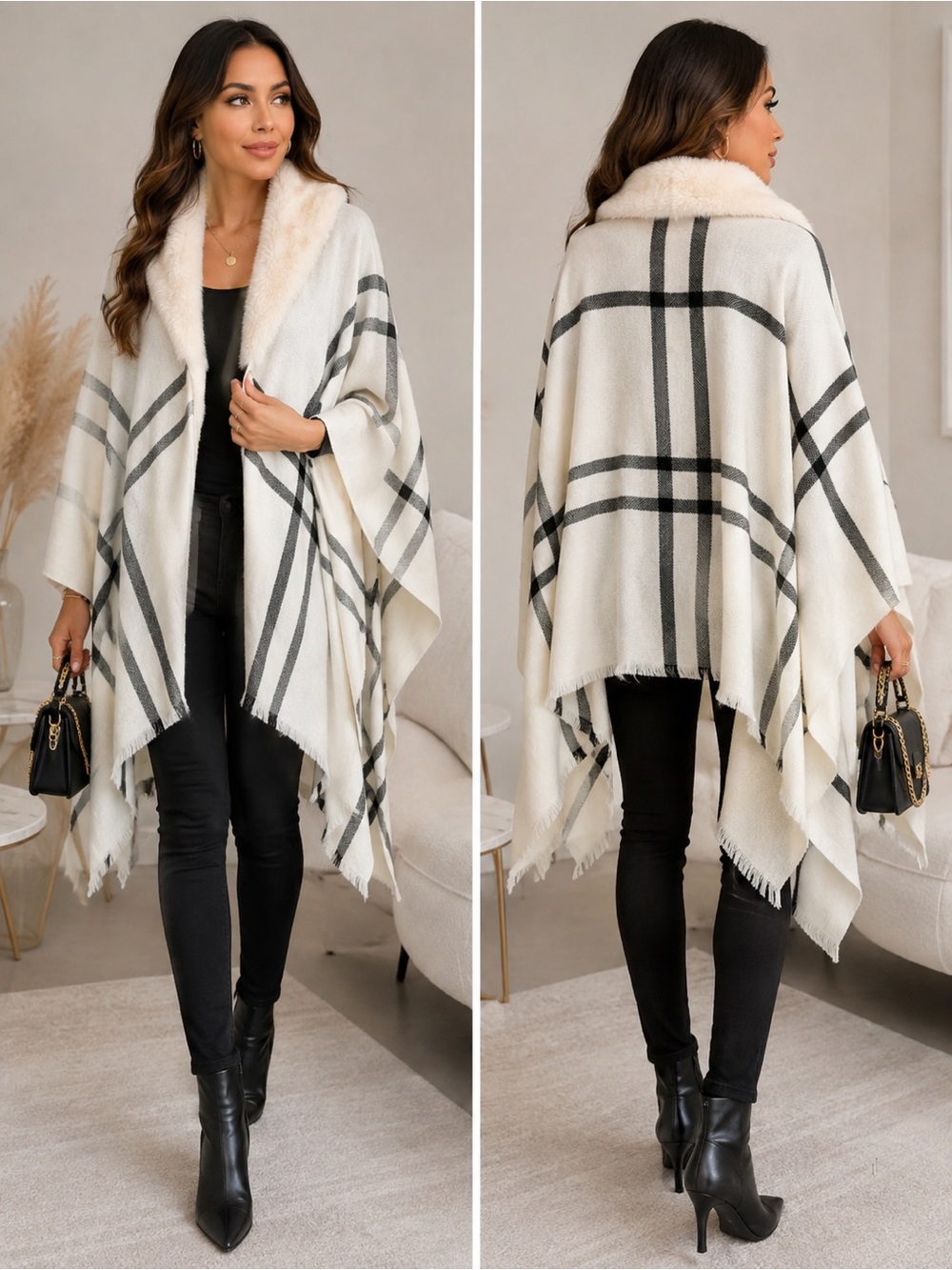 Liz Claiborne Cream Plaid Faux Fur-Trim Poncho